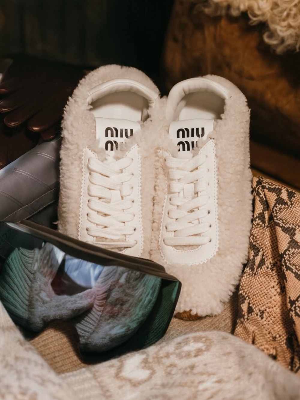 Miu Miu Shearling Low Top Lace-Up Sneakers